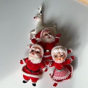 Vintage Flocked Santa and Mrs. Claus felted 60’s Plastic Reindeer